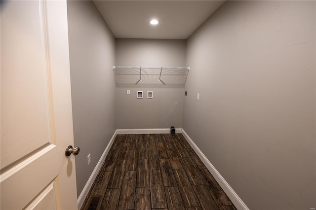 laundry area with electric dryer hookup, washer hookup, and hardwood / wood-style floors