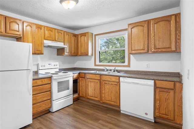 kitchen with a textured ceiling, sink, wood-type flooring, and white appliances