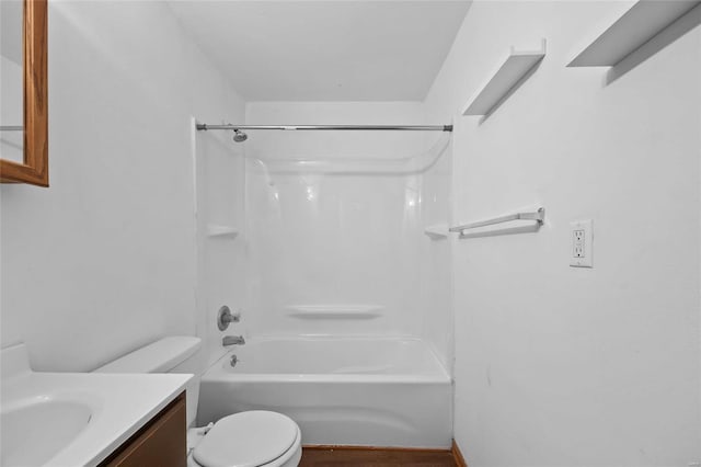 full bathroom with shower / bathing tub combination, vanity, toilet, and wood-type flooring