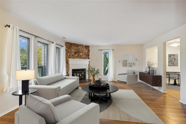 living room featuring hardwood / wood-style floors, a fireplace, and plenty of natural light