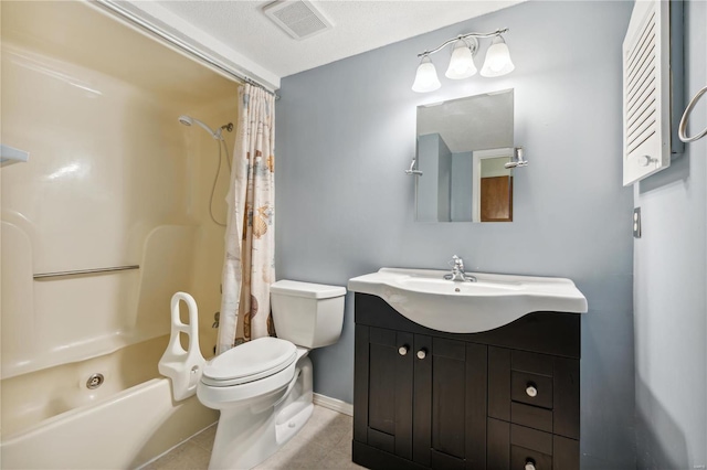 full bathroom featuring tile patterned floors, vanity, shower / bath combo, and toilet