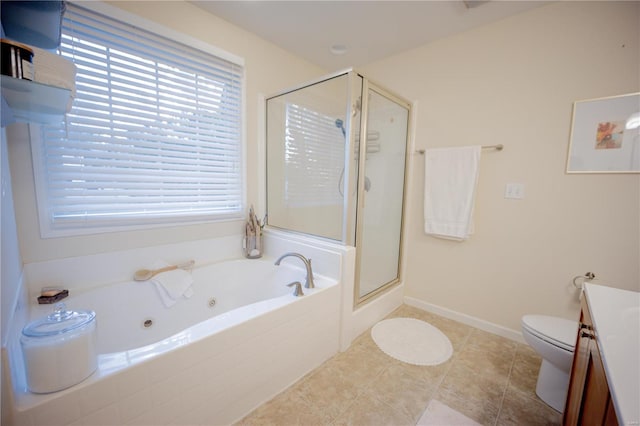 full bathroom with vanity, toilet, tile patterned floors, and independent shower and bath