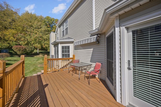 wooden terrace featuring a yard