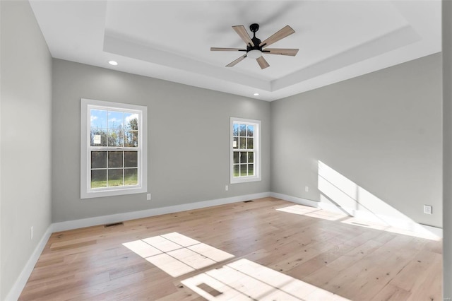 unfurnished room with light wood-type flooring, a tray ceiling, and a wealth of natural light