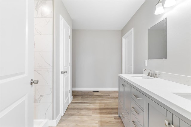 bathroom with vanity and wood-type flooring