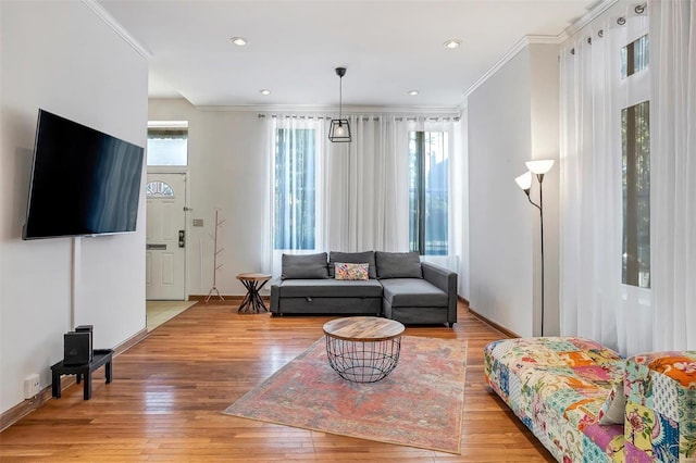 living room featuring light hardwood / wood-style flooring, ornamental molding, and a wealth of natural light