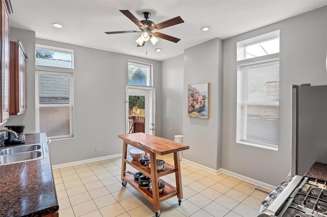 interior space with sink and ceiling fan