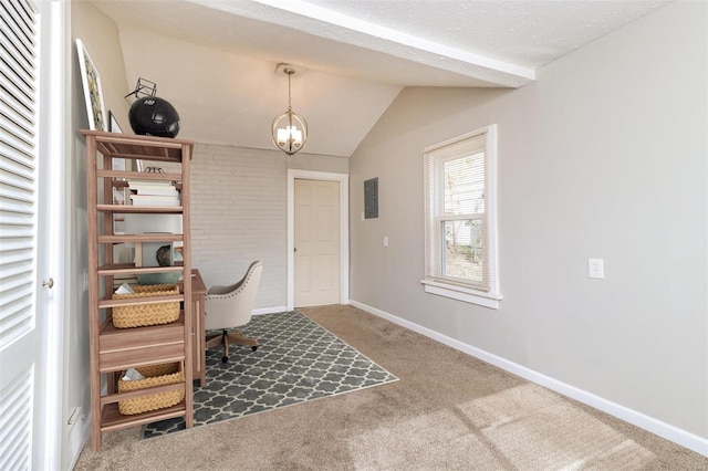 carpeted home office with lofted ceiling and an inviting chandelier