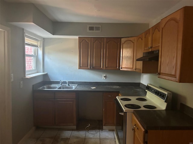 kitchen featuring white electric range, sink, and light tile patterned floors