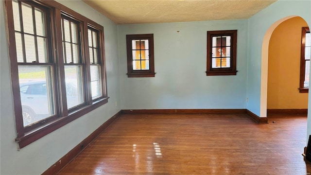 unfurnished room with hardwood / wood-style flooring, a textured ceiling, and a wealth of natural light