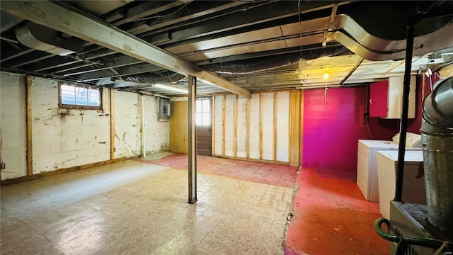 basement featuring independent washer and dryer, electric panel, and a wealth of natural light