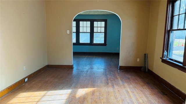 unfurnished room featuring a healthy amount of sunlight and dark wood-type flooring