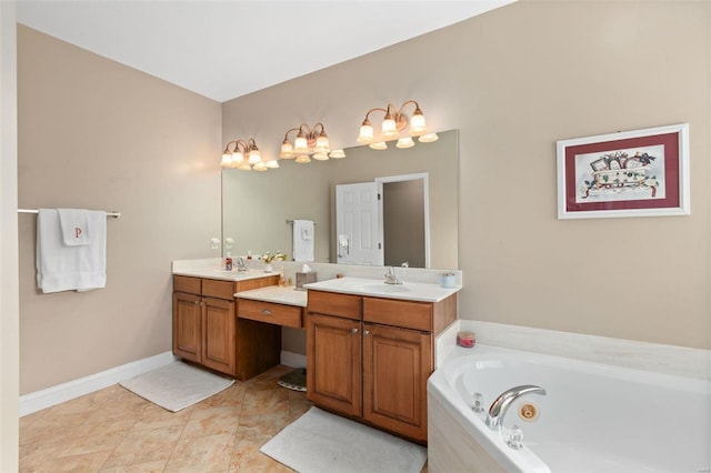 bathroom featuring vanity, a relaxing tiled tub, and tile patterned floors