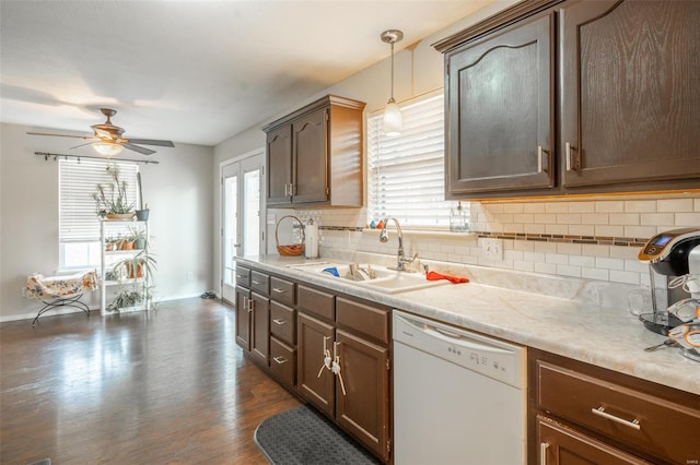 kitchen with hanging light fixtures, white dishwasher, sink, dark hardwood / wood-style flooring, and ceiling fan