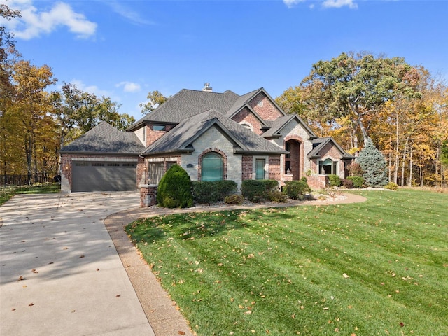 view of front of house with a front yard and a garage