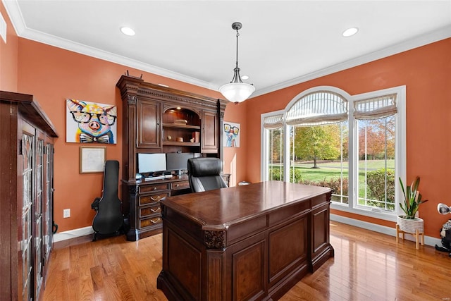 office featuring crown molding and light wood-type flooring