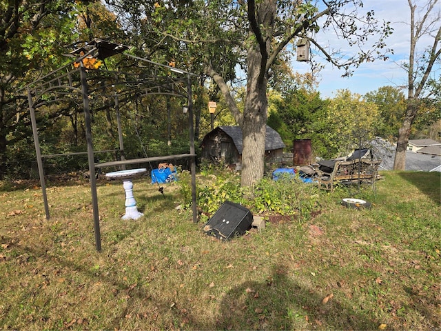 view of yard featuring a storage unit