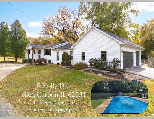 view of front facade featuring central AC, a fenced in pool, a front lawn, and a garage