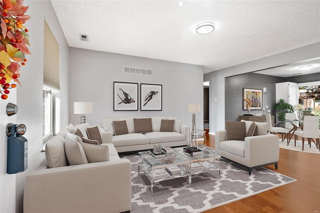 living room with hardwood / wood-style flooring and a textured ceiling