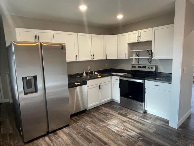 kitchen featuring white cabinets, sink, stainless steel appliances, and dark wood-type flooring