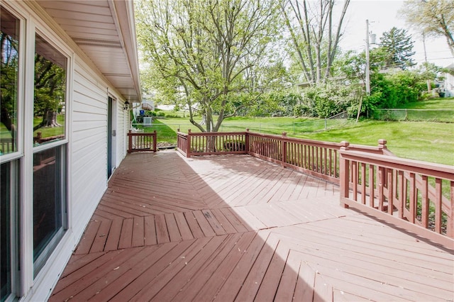 wooden deck featuring a fenced backyard and a yard