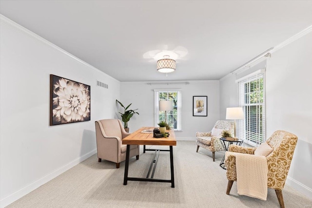 carpeted home office featuring crown molding