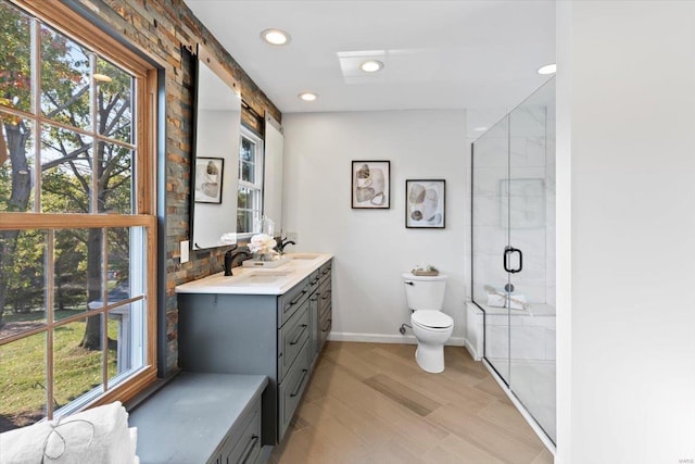 bathroom with vanity, toilet, plenty of natural light, and a shower with door