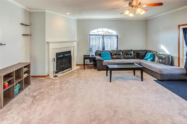 living room featuring light carpet, crown molding, and ceiling fan