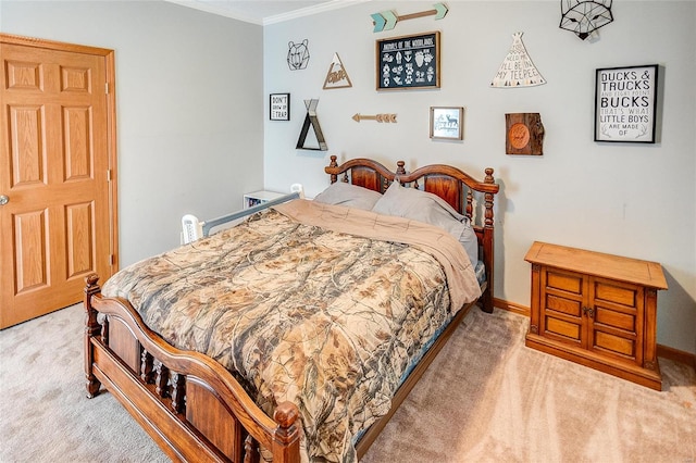 bedroom with light carpet and ornamental molding