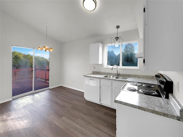 kitchen featuring white cabinets, dishwasher, stainless steel electric range, and pendant lighting