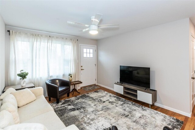 living room featuring wood-type flooring and ceiling fan