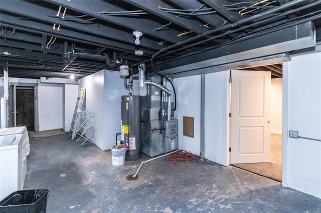 basement featuring water heater and heating unit