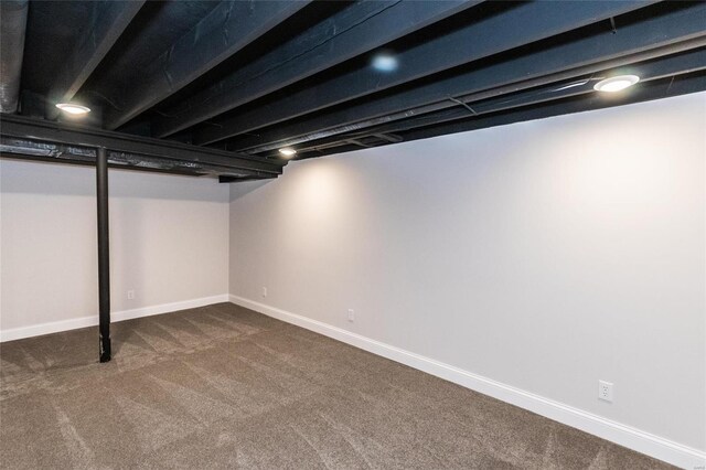 basement with dark carpet