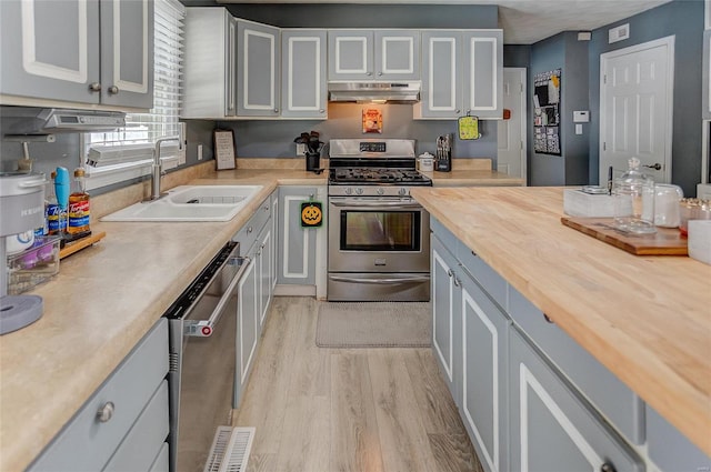 kitchen featuring wooden counters, sink, stainless steel appliances, and light wood-type flooring