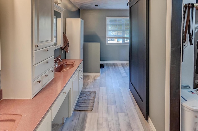 bathroom featuring vanity and wood-type flooring