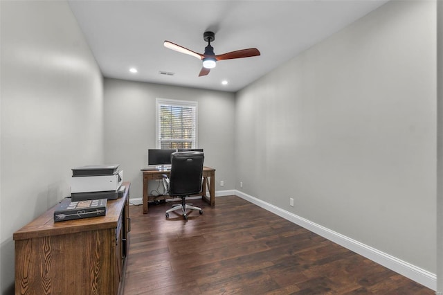 office featuring dark wood-type flooring and ceiling fan