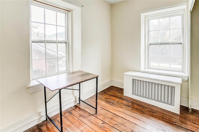 home office with a wealth of natural light, hardwood / wood-style floors, and radiator