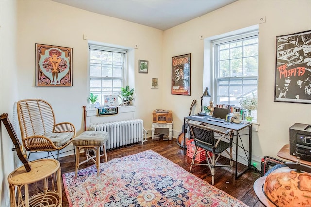 living area with dark wood-type flooring, radiator heating unit, and plenty of natural light