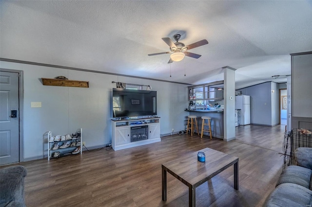 living room with dark hardwood / wood-style floors, a textured ceiling, and ceiling fan