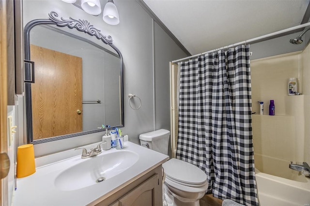 full bathroom featuring a textured ceiling, toilet, shower / bath combo with shower curtain, vanity, and crown molding