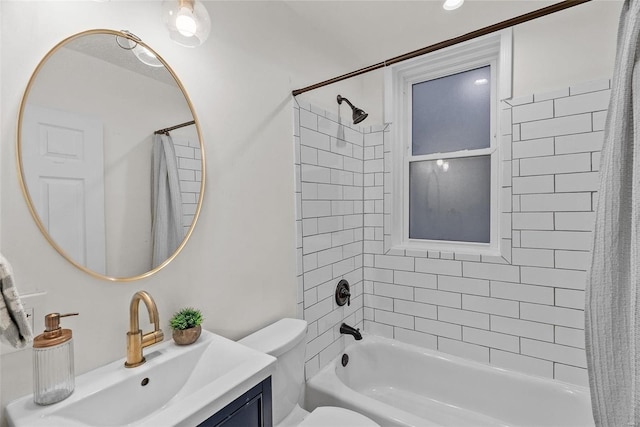 full bath featuring toilet, vanity, and shower / bath combination with curtain