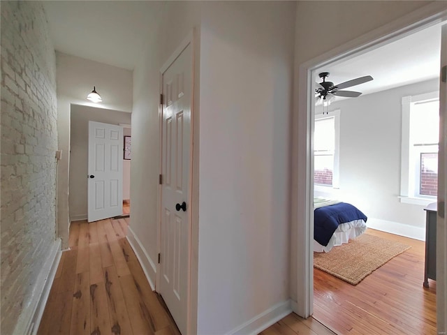 corridor featuring plenty of natural light, light wood-style floors, and baseboards