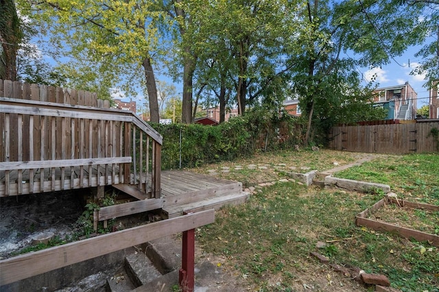 view of yard featuring a fenced backyard, a wooden deck, and a vegetable garden