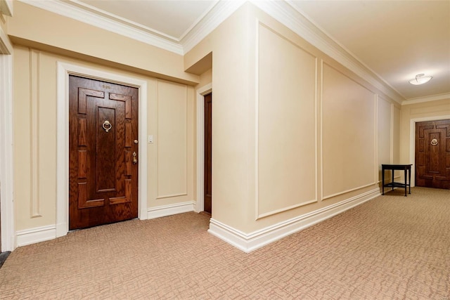 hall featuring crown molding and carpet flooring