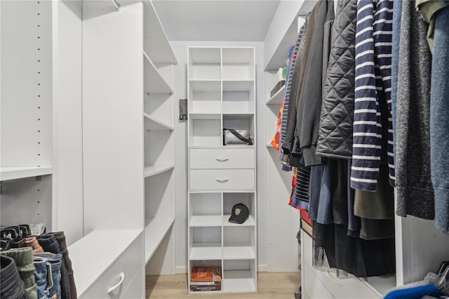 walk in closet with light hardwood / wood-style floors