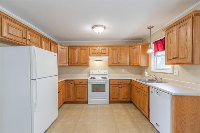 kitchen featuring ornamental molding, sink, decorative light fixtures, and white appliances