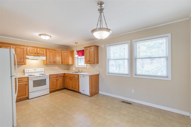 kitchen with crown molding, sink, hanging light fixtures, and white appliances