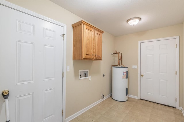 clothes washing area with cabinets, washer hookup, a textured ceiling, water heater, and hookup for an electric dryer