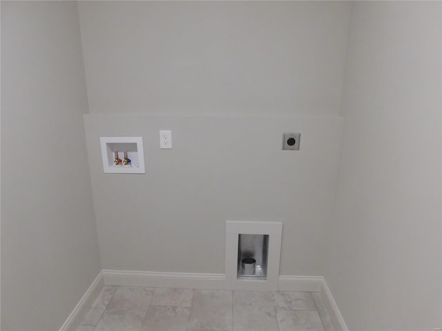 clothes washing area with marble finish floor, baseboards, washer hookup, and hookup for an electric dryer