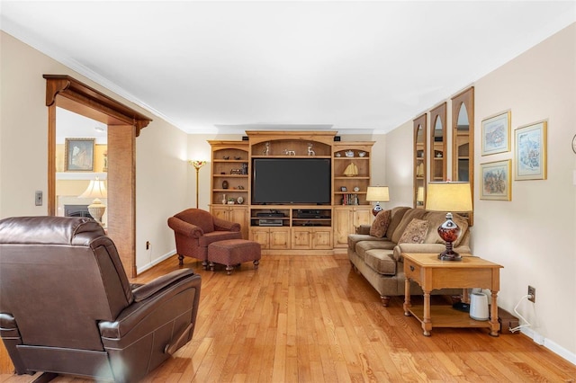 living room featuring ornamental molding and light hardwood / wood-style floors